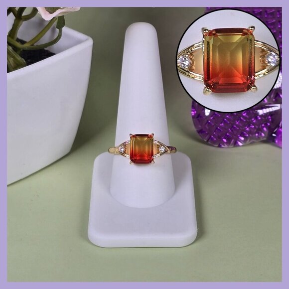 Vintage-Inspired Ring With Emerald-Cut Orange To Yellow Gradient CZ Size 10 (NWO - Picture 1 of 5